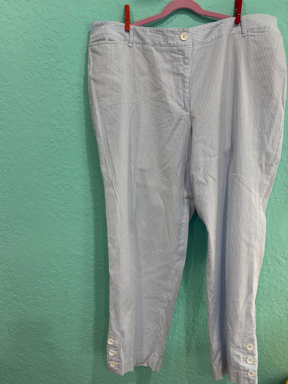 Talbots 16W Women’s Light Blue Pinstripe perfect crop pants seersucker summer